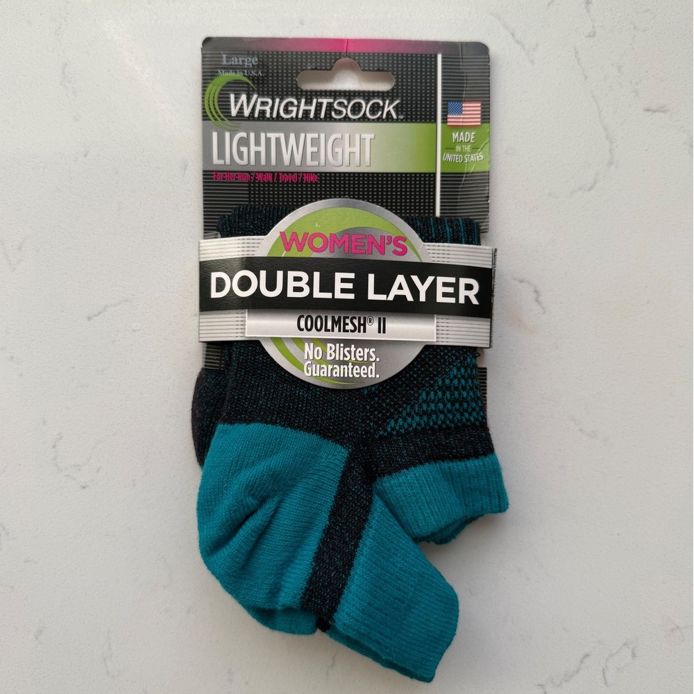 Wrightsock Coolmesh II Tab Women's Size L 9-11 Black Turquoise Double Layer NWT